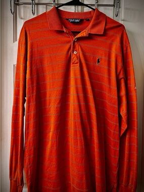 Vntg.Polo Golf Ralph Lauren  Men’s sz L long slv.Classic Deep Org/Navy Striped!